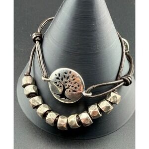 Fossil Bracelet Set Brown Cord Leather Tree of Life Key Heart Charms Boho 2pc